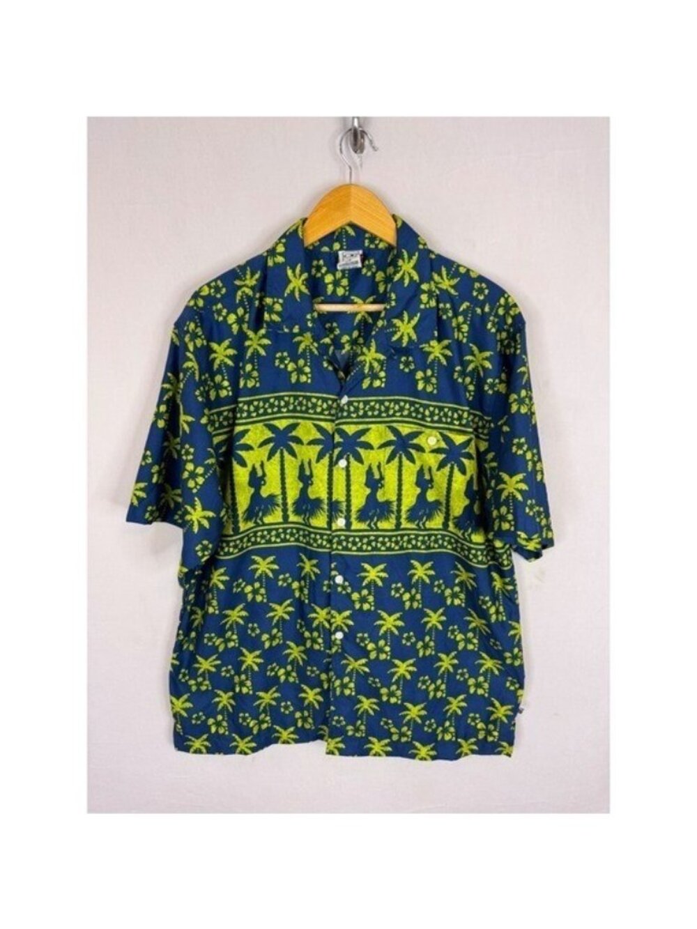 Vintage Ocean Pacific Mens Blue Lime Green Tropical Hula Dancer Palm Shirt L